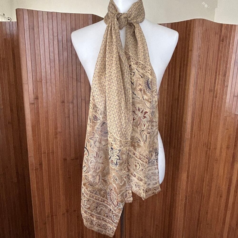 Vintage Ann Taylor Silk Scarf Tan and Burgundy Floral Print